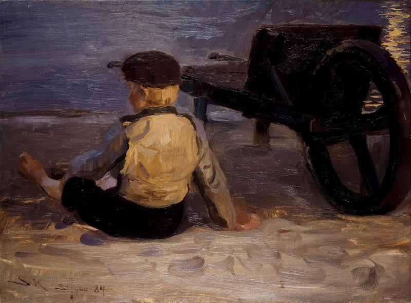 Genç balıkçı, bir el arabasının yanında oturuyor. Skagen'in güney plajı. - Peder Severin Krøyer