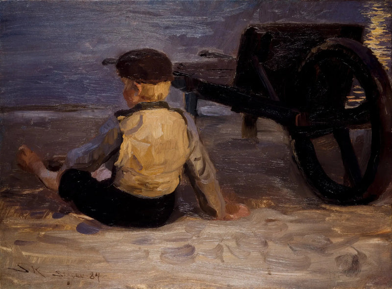 Genç balıkçı, bir el arabasının yanında oturuyor. Skagen'in güney plajı. - Peder Severin Krøyer