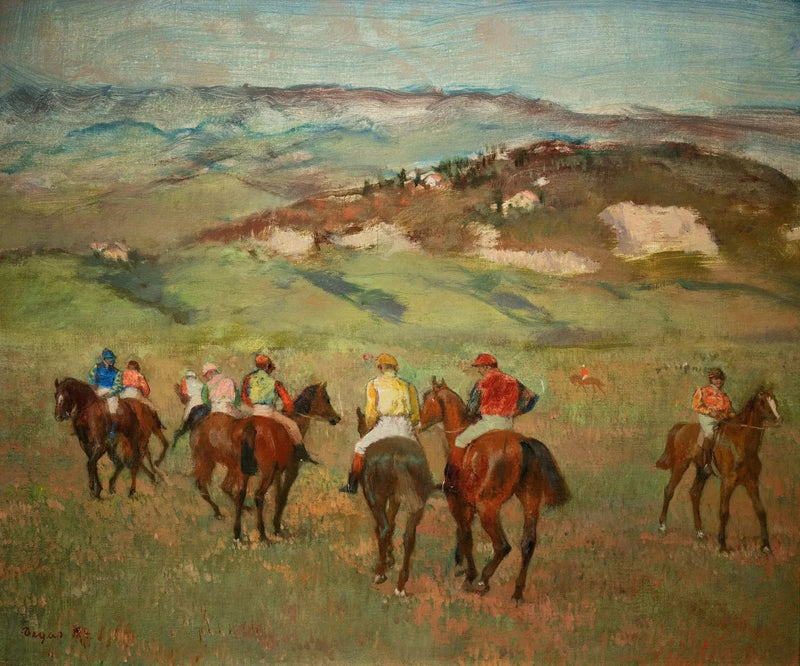 Uzak tepelerin önünde atlı jokeyler - Edgar Degas