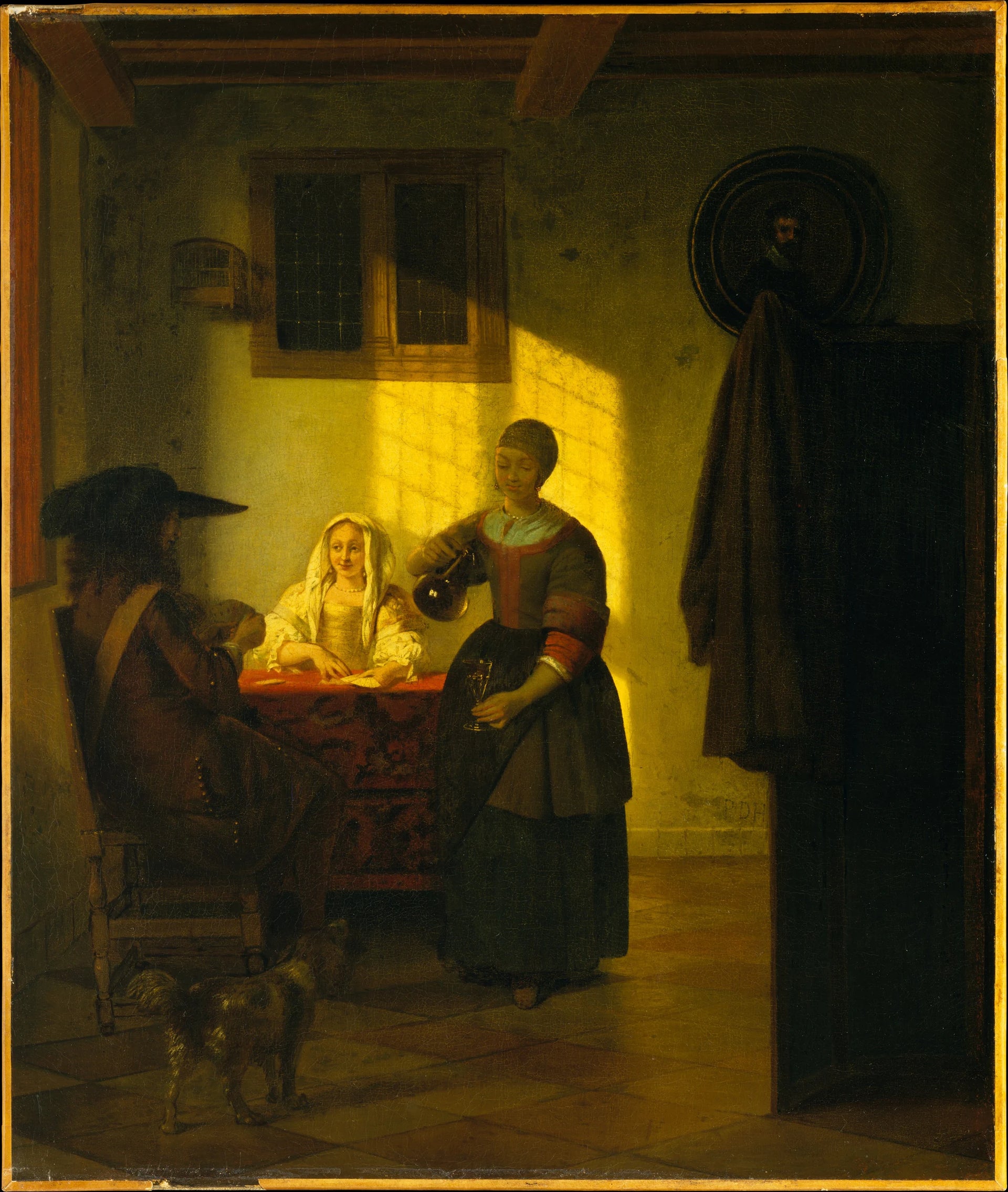 Joueurs de cartes à une table, avec une femme de service - Pieter de Hooch