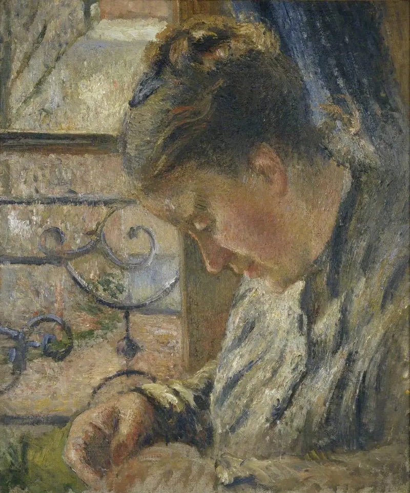 Julie Pissarro dikiş yaparken, kırmızı ev, Pontoise - Camille Pissarro