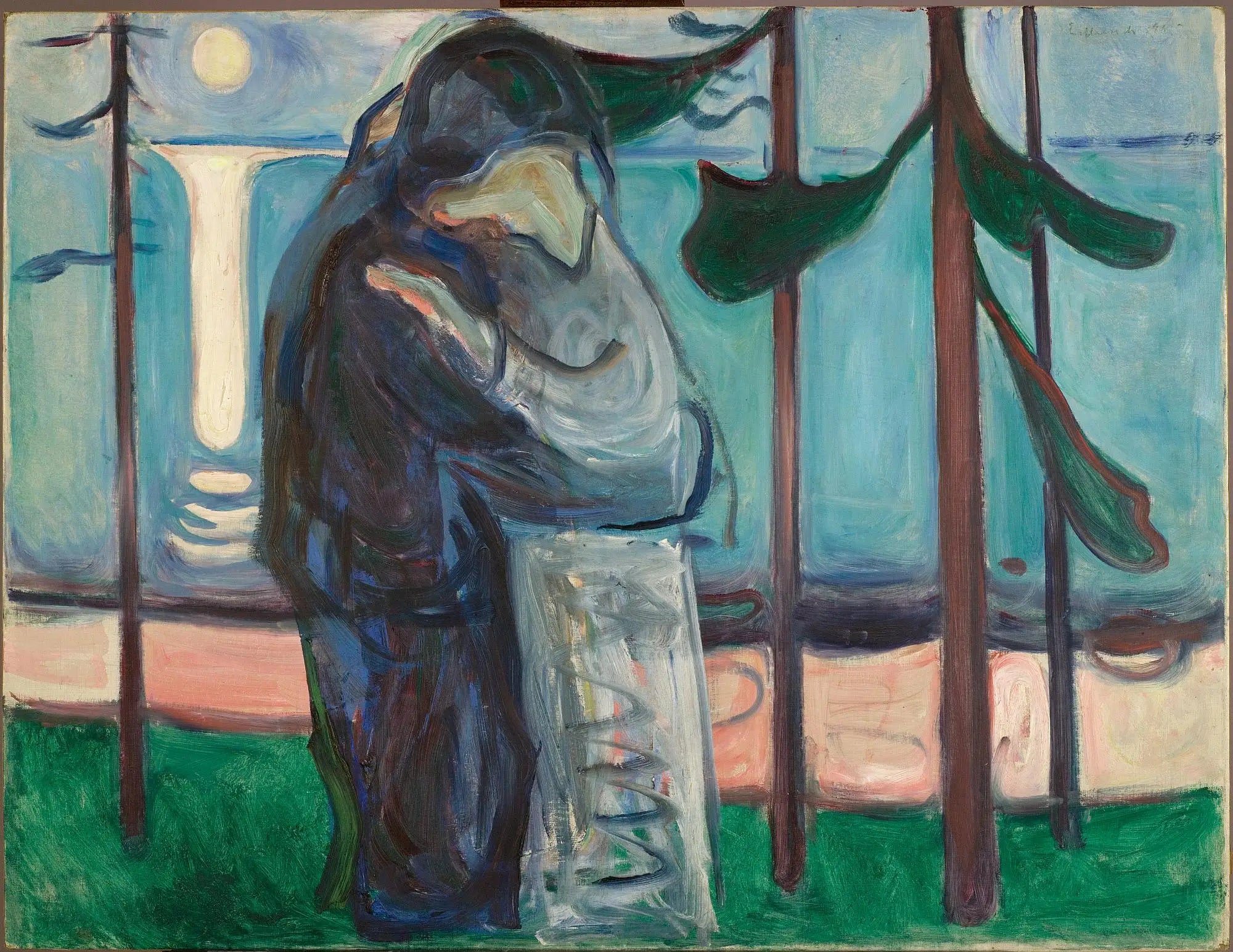 Reproduction du tableau « Kiss sur la côte au clair de lune - Edvard Munch » par Alpha Reproduction en peinture à l’huile