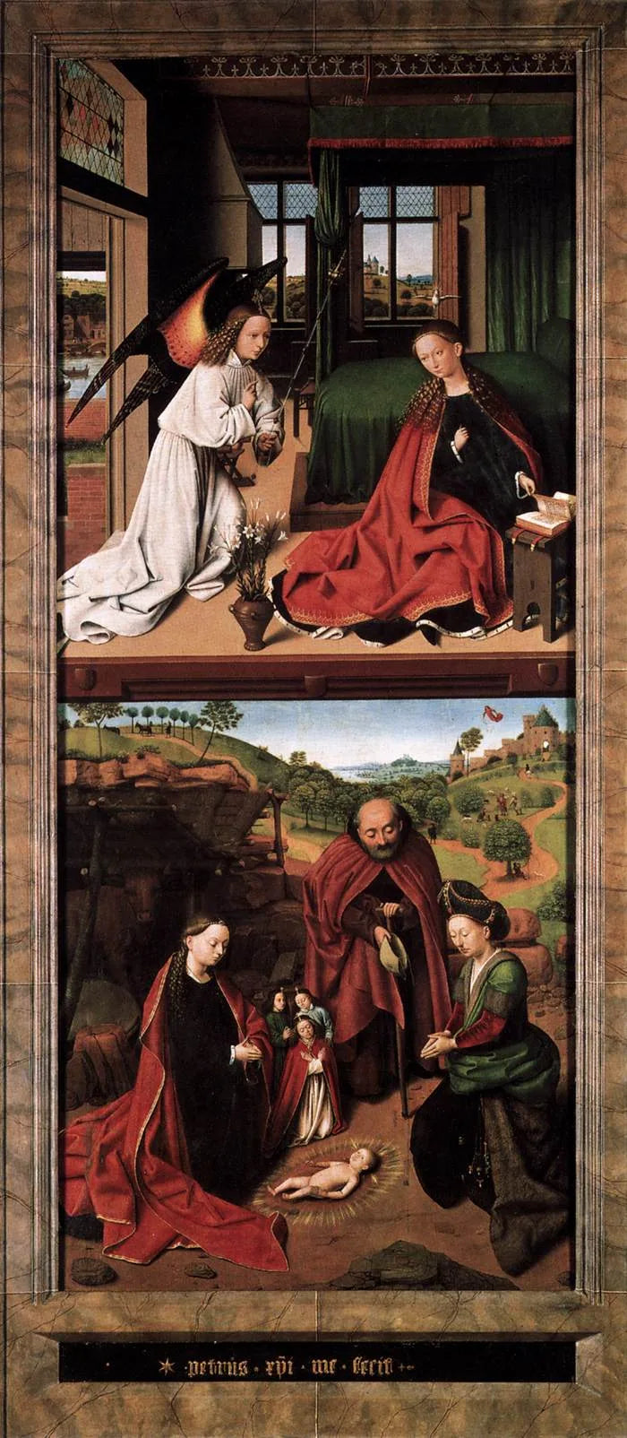 İsa Çocuk'a Tapınma; Arka planda, Çobanlara Müjde. - Petrus Christus