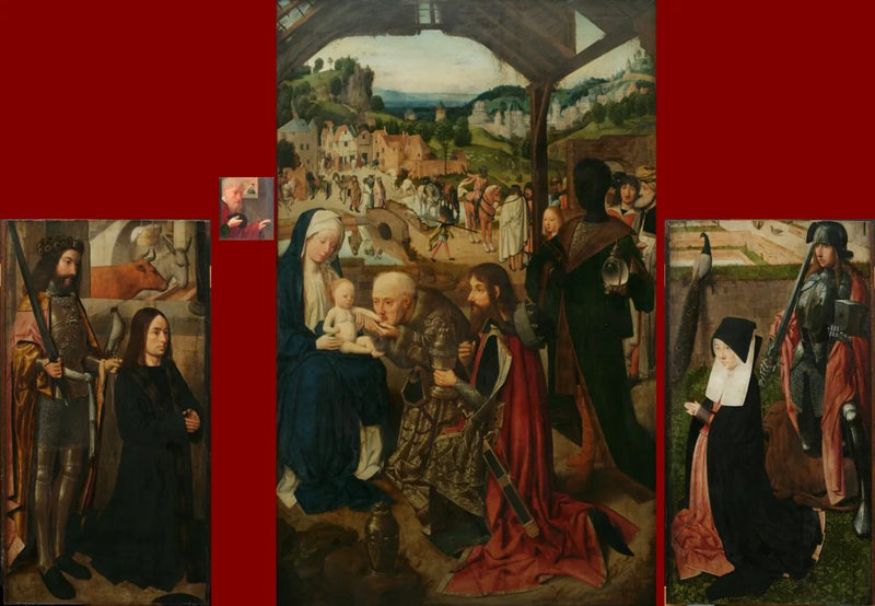 Magi'nin Tapınması, kanatlı altar; sol kanat: bağışçı ve Aziz Bavon; sağ kanat: bağışçının eşi ve Aziz Adrien - Geertgen tot Sint Jans