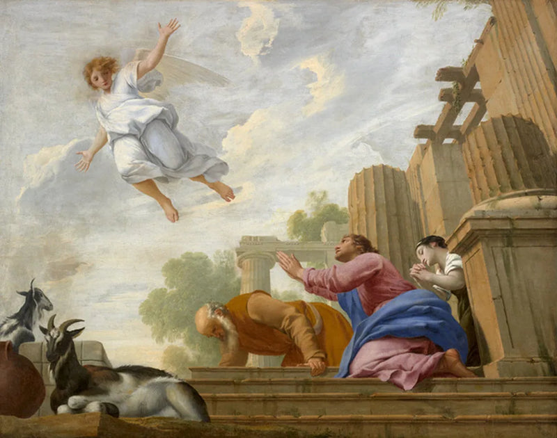 Melek Raphael, Tobit ve ailesine gerçek doğasını gösterir ve göğe yükselir - Eustache Le Sueur