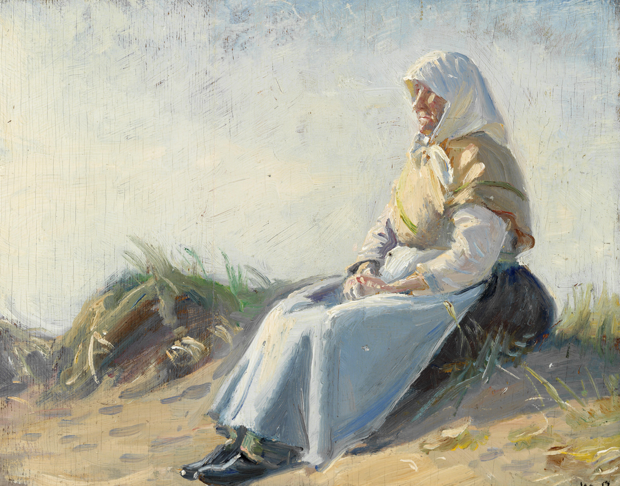 Anker Nelle'in eşi Skagen kumlarında oturuyor. - Michael Peter Ancher