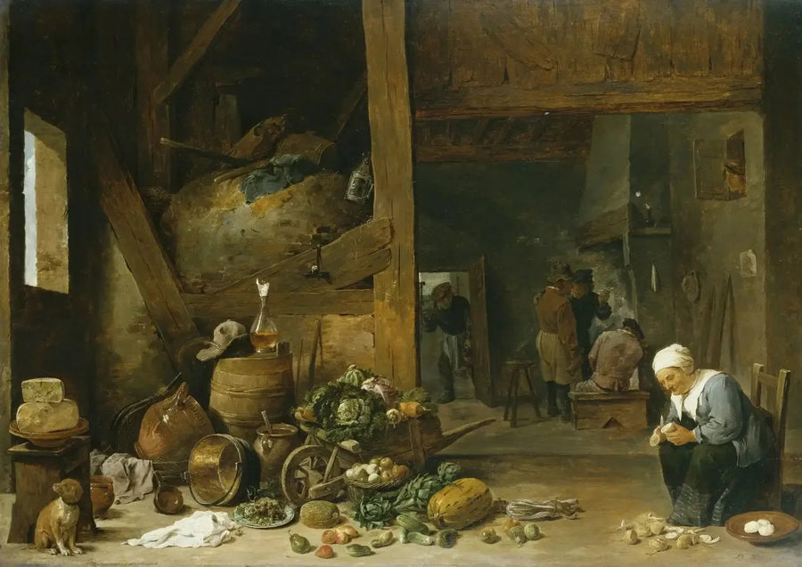 Bir mutfak içi, yaşlı bir kadının şalgam soyduğu - David Teniers le Jeune