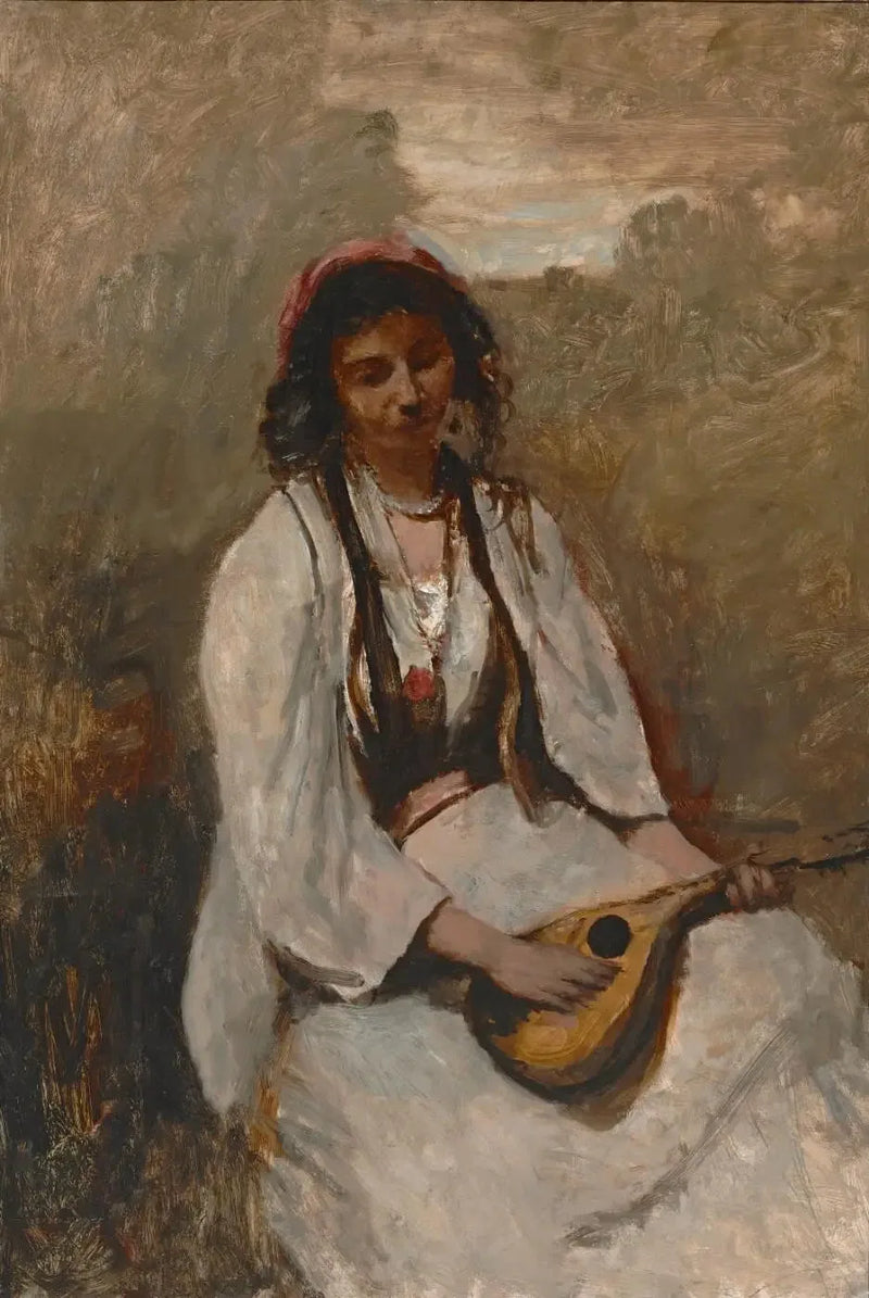 Oturan Mandolinli Bohemya Kızı - Jean-Baptiste Camille Corot