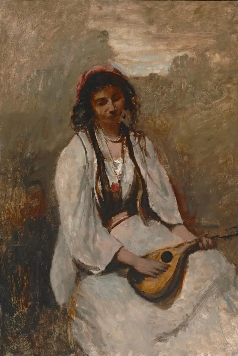 Oturan Mandolinli Bohemya Kızı - Jean-Baptiste Camille Corot