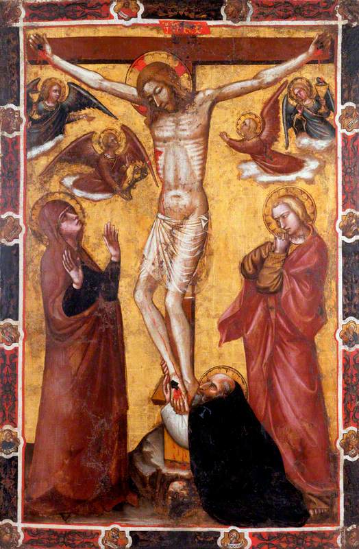 La Crucifixion avec la Vierge et saint Jean ; saint Antoine l’abbé au pied de la croix (un côté d’une bannière