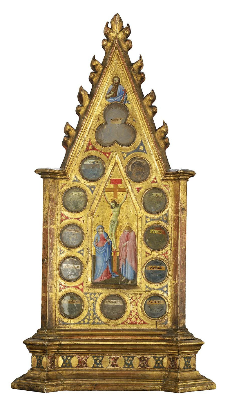 İsa'nın Çarmıha Gerilişi, Meryem ve Aziz Yuhanna ile birlikte, Aziz Yuhanna Baptist ile (yukarıda); bir Fransisken aziz, Mesih ve azizlerin bir vizyonu önünde dua eder, bir aziz ile (yukarıda) (ön ve arka) - Master of the Osservanza