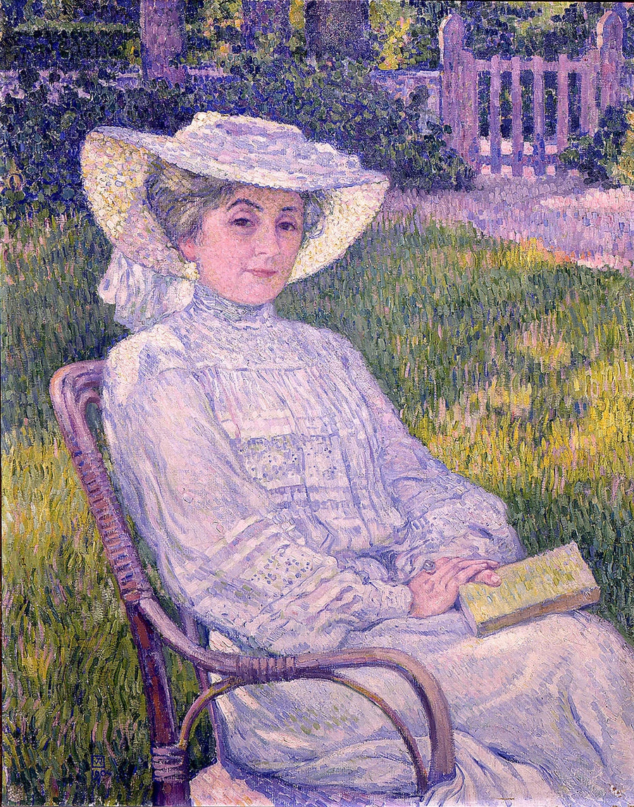 Beyaz giyen kadın, Mortgat'ta bahçede okuyor - Théodore van Rysselberghe