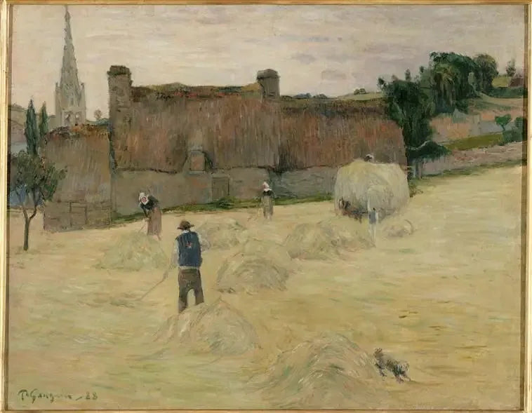 Bretagne'de Hasat (ön yüz) ; Denize açılan bir pencere önünde çiçek buketi (arka yüz) - Paul Gauguin