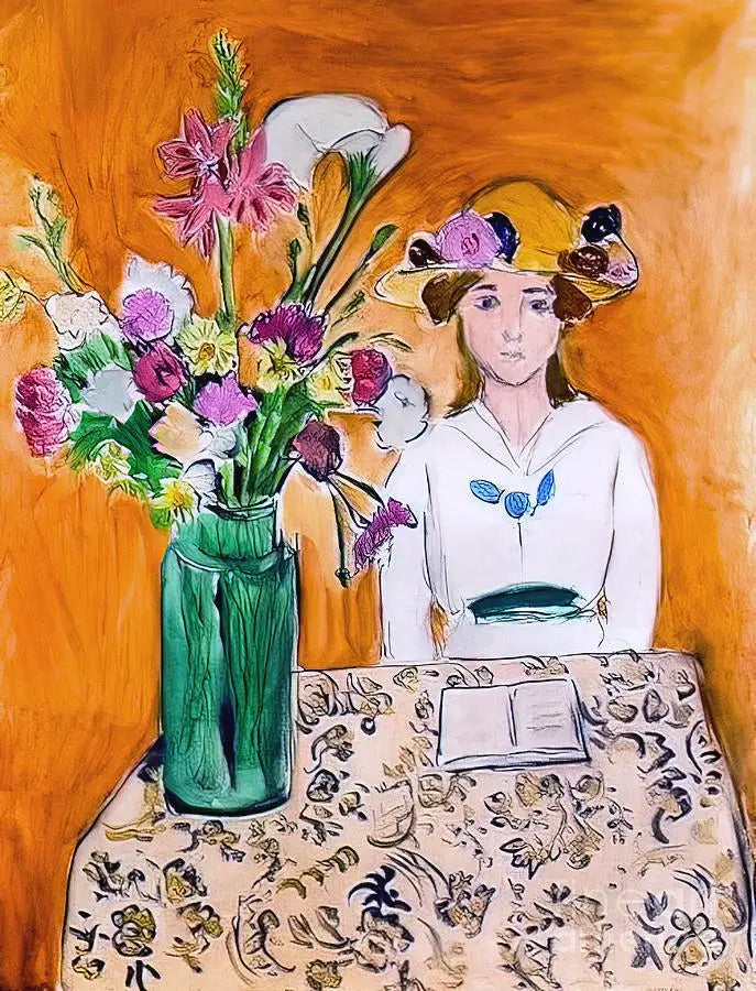 Beyaz Elbise Giymiş Kız ve Çiçek Buketi - Henri Matisse