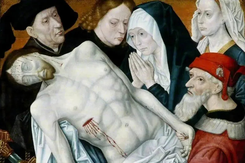İncil Yası, Ölümünü Bekleyen Mesih, Yuhanna Baptist, Yusuf of Arimatea ve Nicodemos ile Meryem Ana ve Meryem Magdalene - Hugo van der Goes