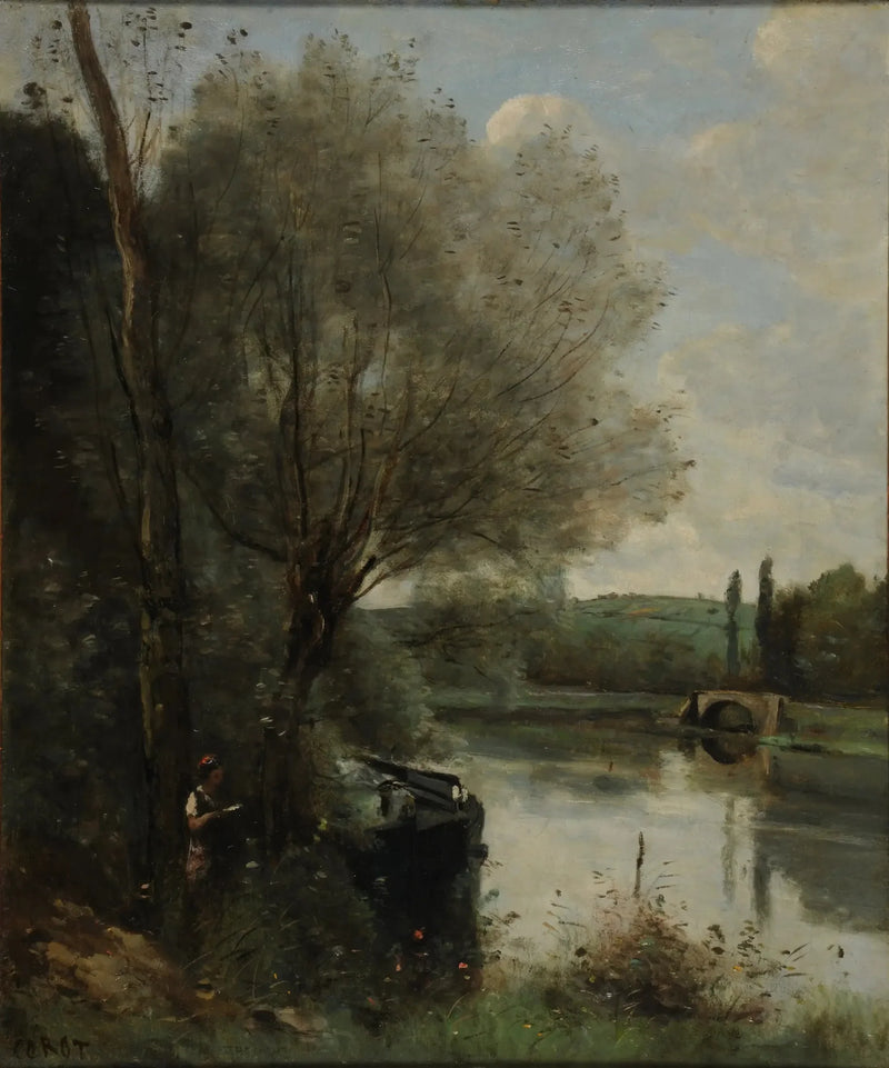 Ağaçlıklı kıyıdaki okuma sehpası - Jean-Baptiste Camille Corot