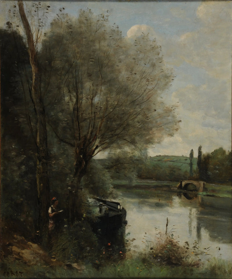 Ağaçlıklı kıyıdaki okuma sehpası - Jean-Baptiste Camille Corot