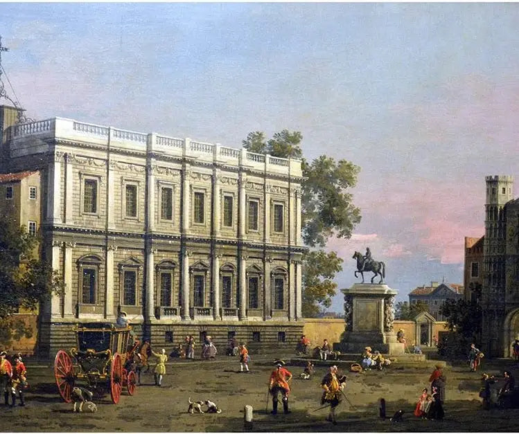 Banquet Evi ve Holbein Kapısı, Whitehall, Kral I. Charles'ın atlı heykeli ile - Canaletto