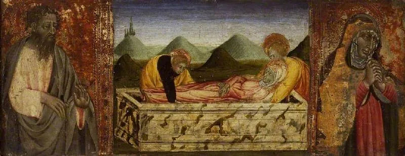 Bakire'nin La mise au tombeau'su, solda Saint Barthélemy ve sağda bir azize - Giovanni di Paolo
