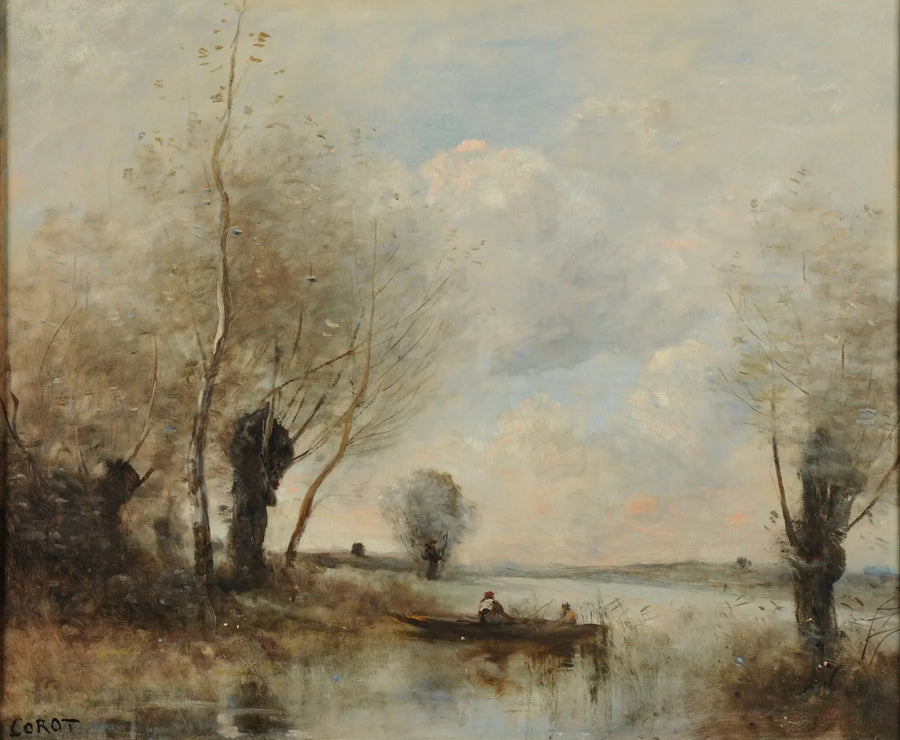 Söğütler Yakınında Kayıkla Balık Tutma - Jean-Baptiste Camille Corot