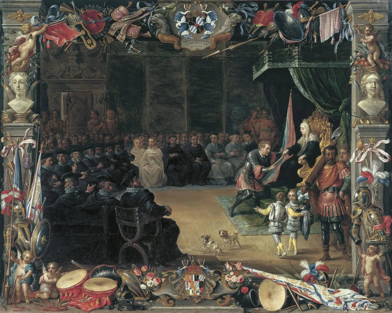 1410 yılında Sicilya kraliçesi regentesi Blanca tarafından Antonio de Moncada'ya genel kaptan çubuğunun sunumu - David Teniers genç