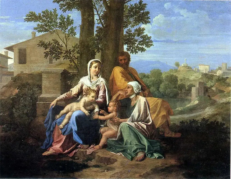 Kutsal Aile, Aziz Yuhanna ve Aziz Elizabeth ile Bir Manzara İçinde - Nicolas Poussin