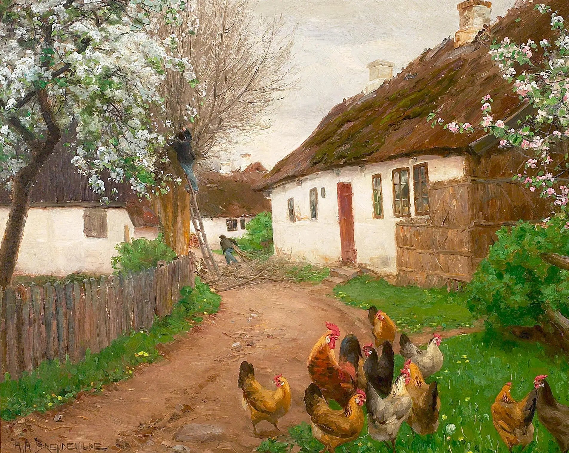 La vie du village un jour de printemps avec des gens et des arbres. - H. A. Brendekilde - Alpha Reproduction