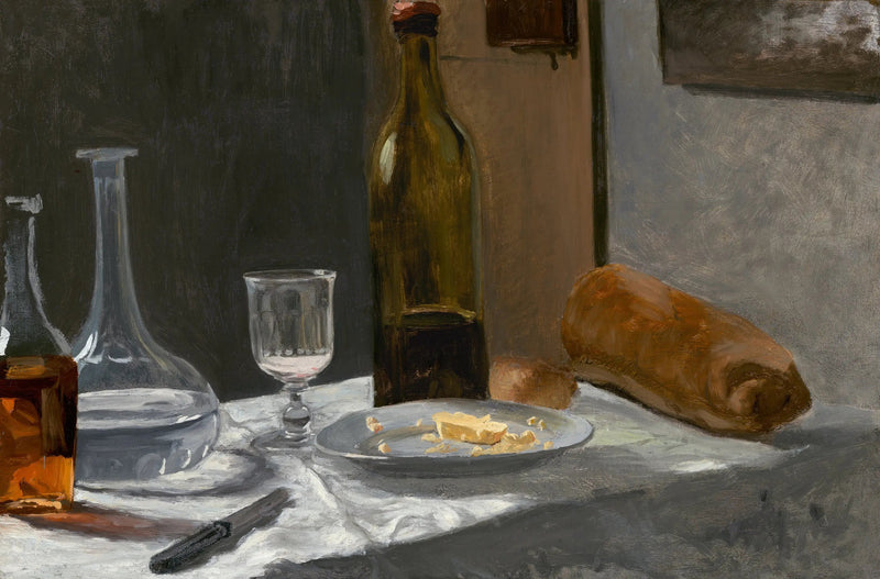 Şişe, karaf, ekmek ve şarap ile natürmort - Claude Monet