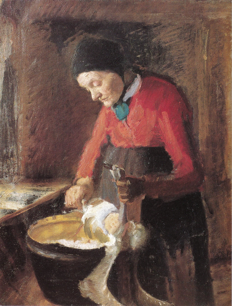 Yaşlı Lene bir kazı gagalamakta - Anna Ancher