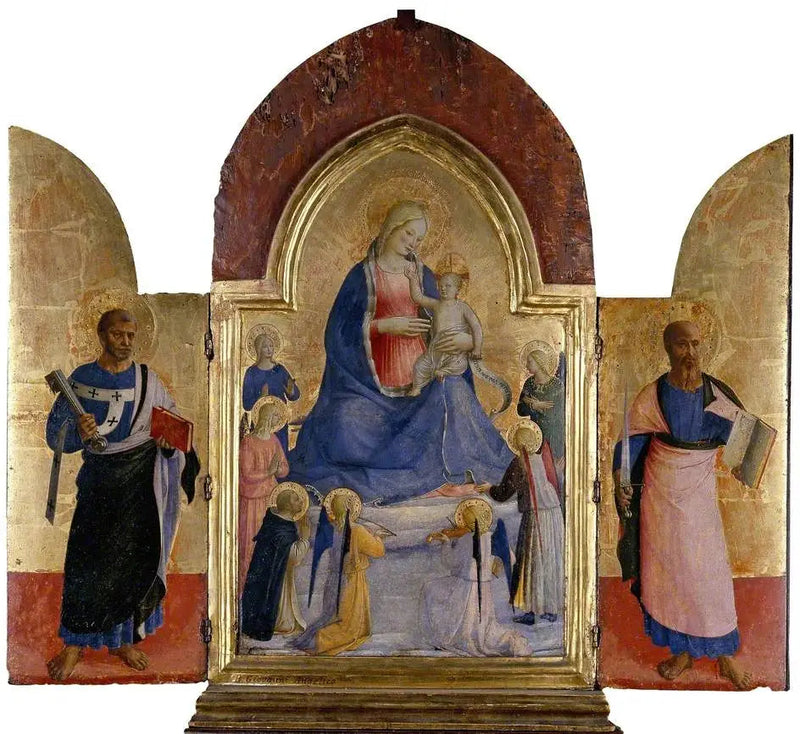 İsa ve Çocuk Meryem, Melekler ve Bir Dominiken Aziz ile (ortada); Aziz Petrus (solda); Aziz Pavlus (sağda) - Fra Angelico