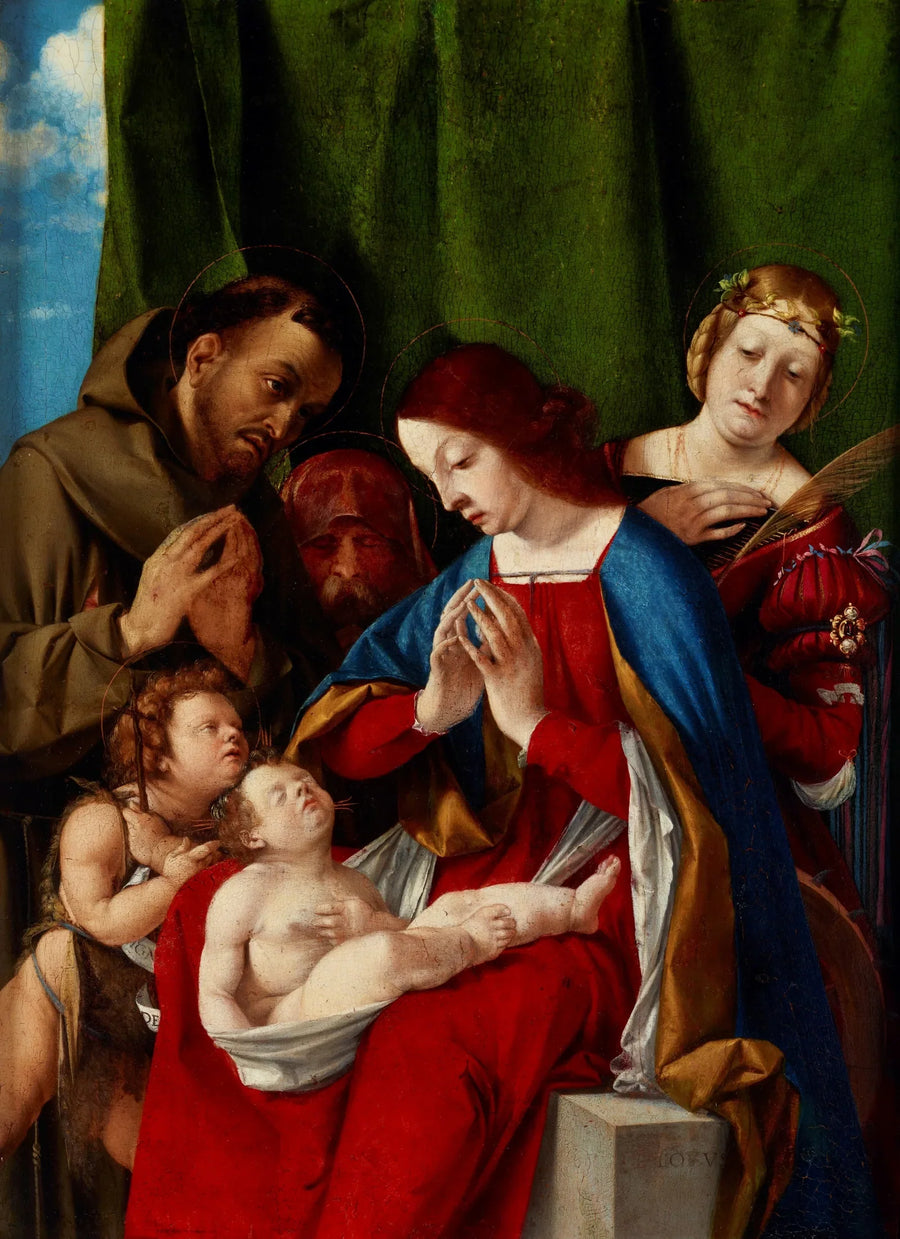 İsa ve Çocuk Meryem, Aziz Yuhanna Vaftizci, Fransisken, Yusuf (?) ve Aleksandriya'dan Katerina ile - Lorenzo Lotto