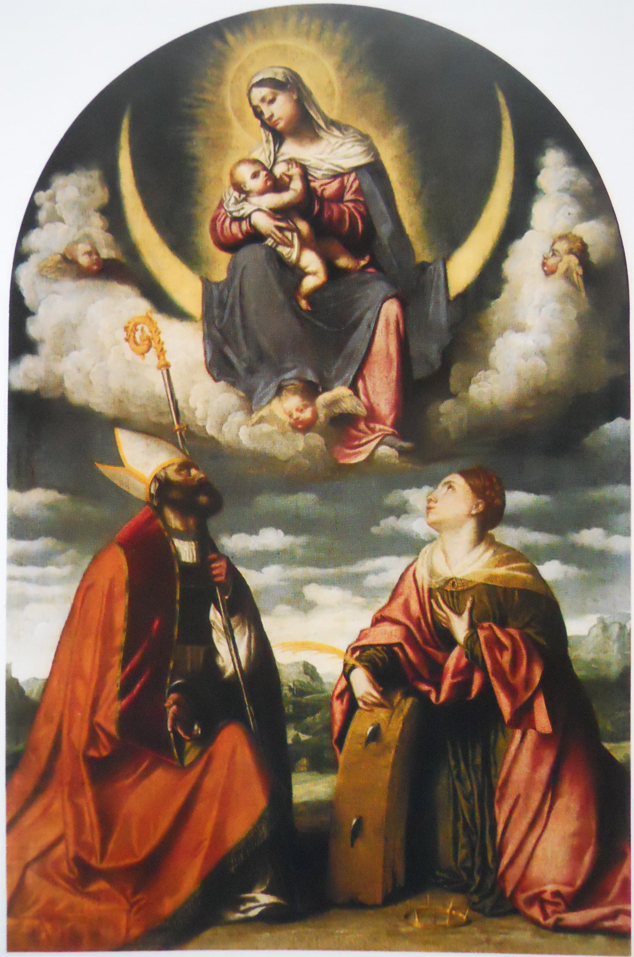 La Vierge à l'Enfant en gloire avec saint Martin et sainte Catherine - Alessandro Bonvicino image 1 reproduction de peinture à l’huile