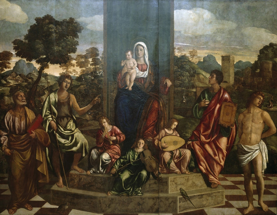 Majesteli Meryem ve Çocuk, Aziz Petrus, Vaftizci Yahya, Yuhanna İncili Yazarı, Aziz Sebastian ve üç müzisyen melek ile - Giovanni Bellini