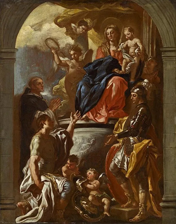 İsa ve Çocuk İsa ile Tahtta Meryem Ana, Aziz Petrus Mucizevi ve İki Aziz Savaşçı - Francesco Solimena