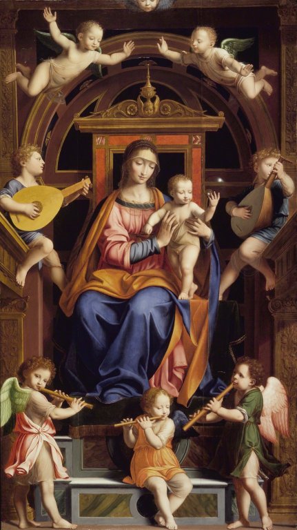 Meryem Ana ve Çocuk Meleklere Taç Takmış - Bernardino Luini