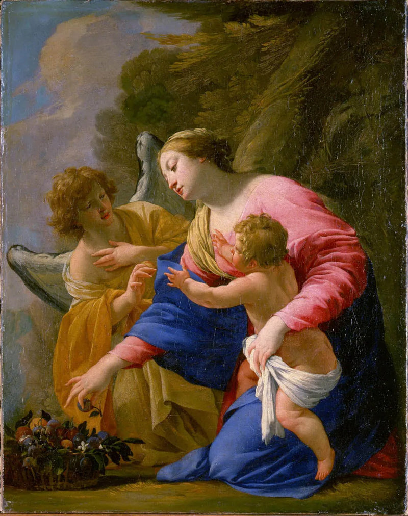 Meryem Ana ve Çocuk, Meyve Sepetiyle Bir Meleğin Eşliğinde Manzara İçinde - Simon Vouet