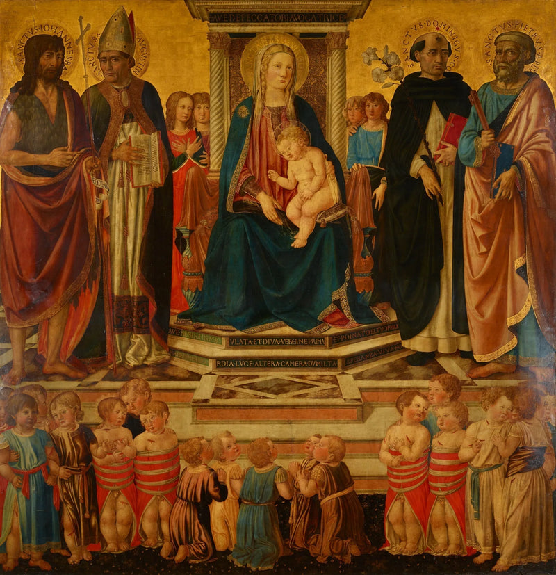 Bakire ve Çocuk, Azizler Jean, Augustin, Dominique, Petrus ve Bethlehemit katliamı kurbanlarıyla birlikte tahtta kutsayan - Cosimo Rosselli