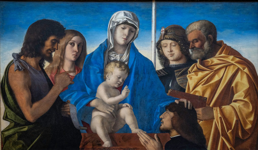 Bakire ve Çocuk, Aziz Yuhanna Vaftizci, Aziz Meryem Magdalene, Aziz George, Aziz Petrus ve bir bağışçı ile çevrili - Giovanni Bellini