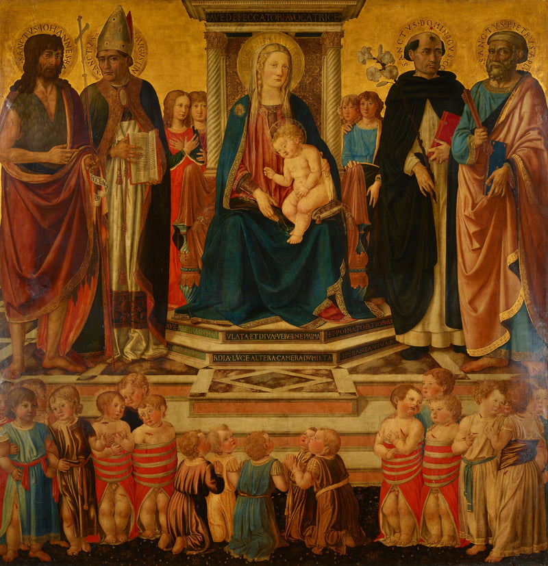 Bakire ve Çocuk, Azizler Jean, Augustin, Dominique, Petrus ve Bethlehemit katliamı kurbanlarıyla birlikte tahtta kutsayan - Cosimo Rosselli