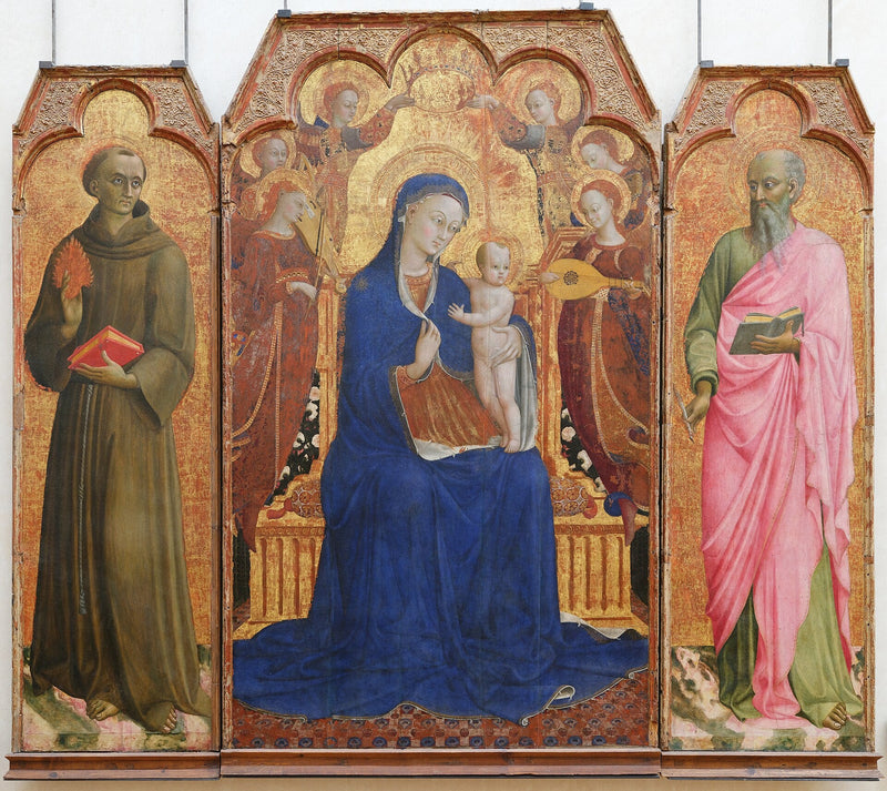 Bakire ve Çocuk Meleklere Çevrelenmiş, Aziz Antonius Padua ve Aziz Yuhanna İncili - Stefano di Giovanni (Sassetta)