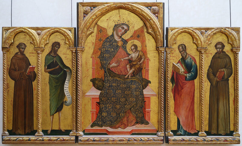 Bakire ve Çocuk, Aziz Fransis of Assisi, Vaftizci Yahya, Yuhanna İncili ve Aziz Antonius Padua - Paolo Veneziano