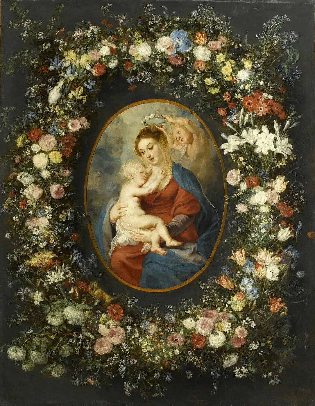 La Vierge, l'enfant Jésus et un ange au milieu d'une guirlande de fleurs - Peter Paul Rubens image 1 tableau peint à l’huile sur toile