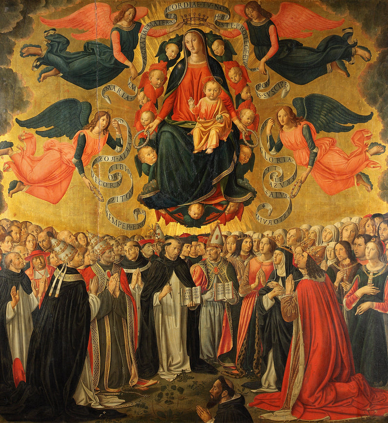 İsa Çocuk ile Meryem Ana, melekler, azizler, dualar ve bir bağışçı tarafından yüceltilmiş. - Cosimo Rosselli