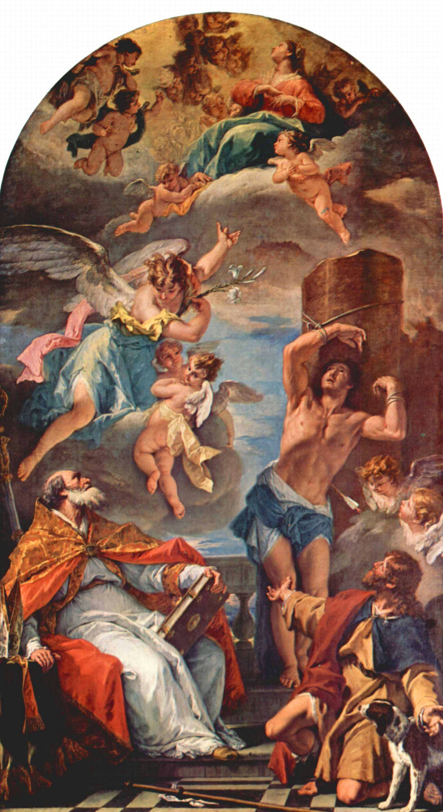 İsa Meryem Ana yüceliğinde, Başmelek Gabriel ve Aziz Eusèbe, Aziz Sebastian ve Aziz Roch ile - Sebastiano Ricci