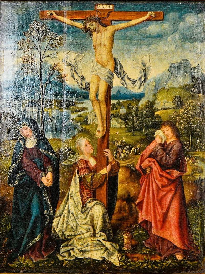Bakire, Meryem Magdalene ve Çocuk İsa'nın Çarmıhın Altında - Quentin Metsys