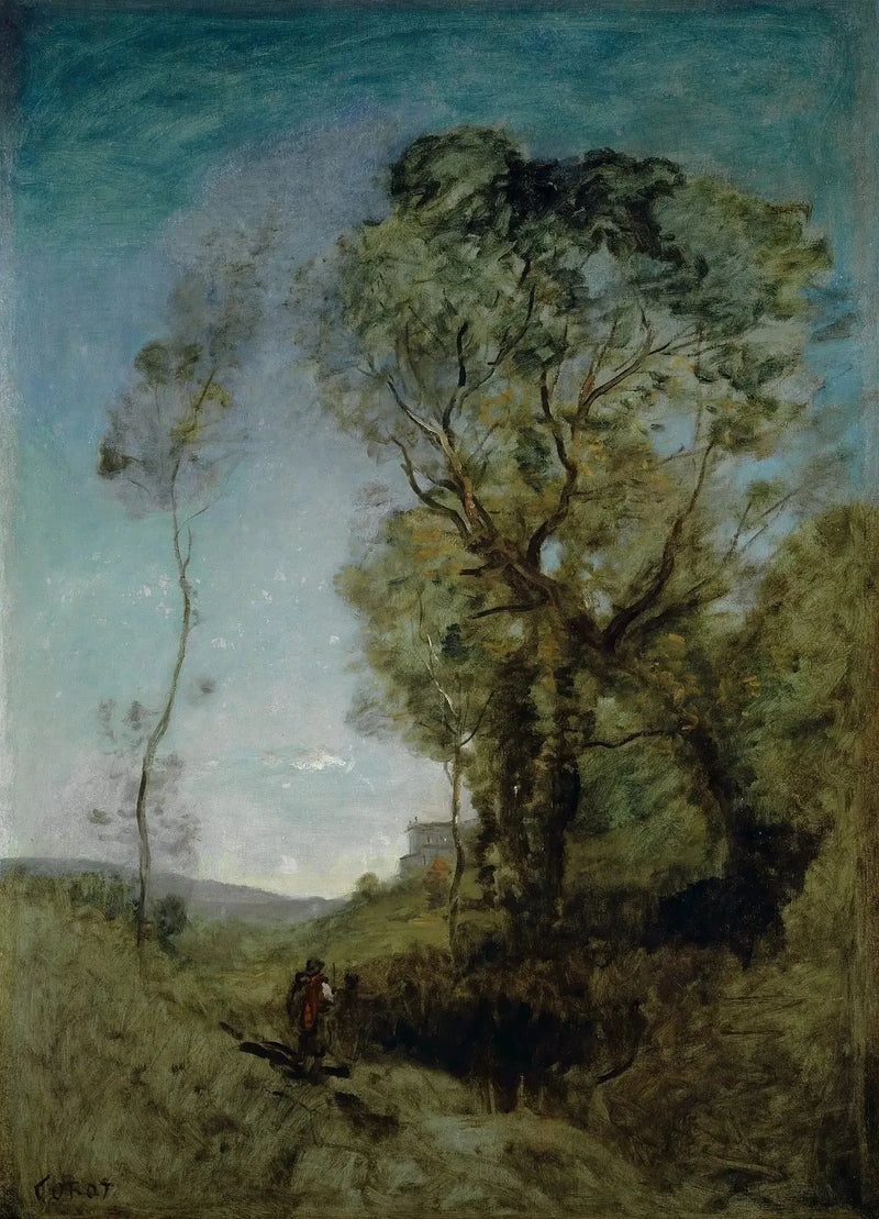 İtalyan villa arkada çam ağaçlarının arkasında - Jean-Baptiste Camille Corot