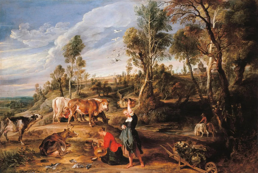 Manzarada hayvan sürüsüyle süt sağanlar, « Laeken Çiftliği » - Peter Paul Rubens