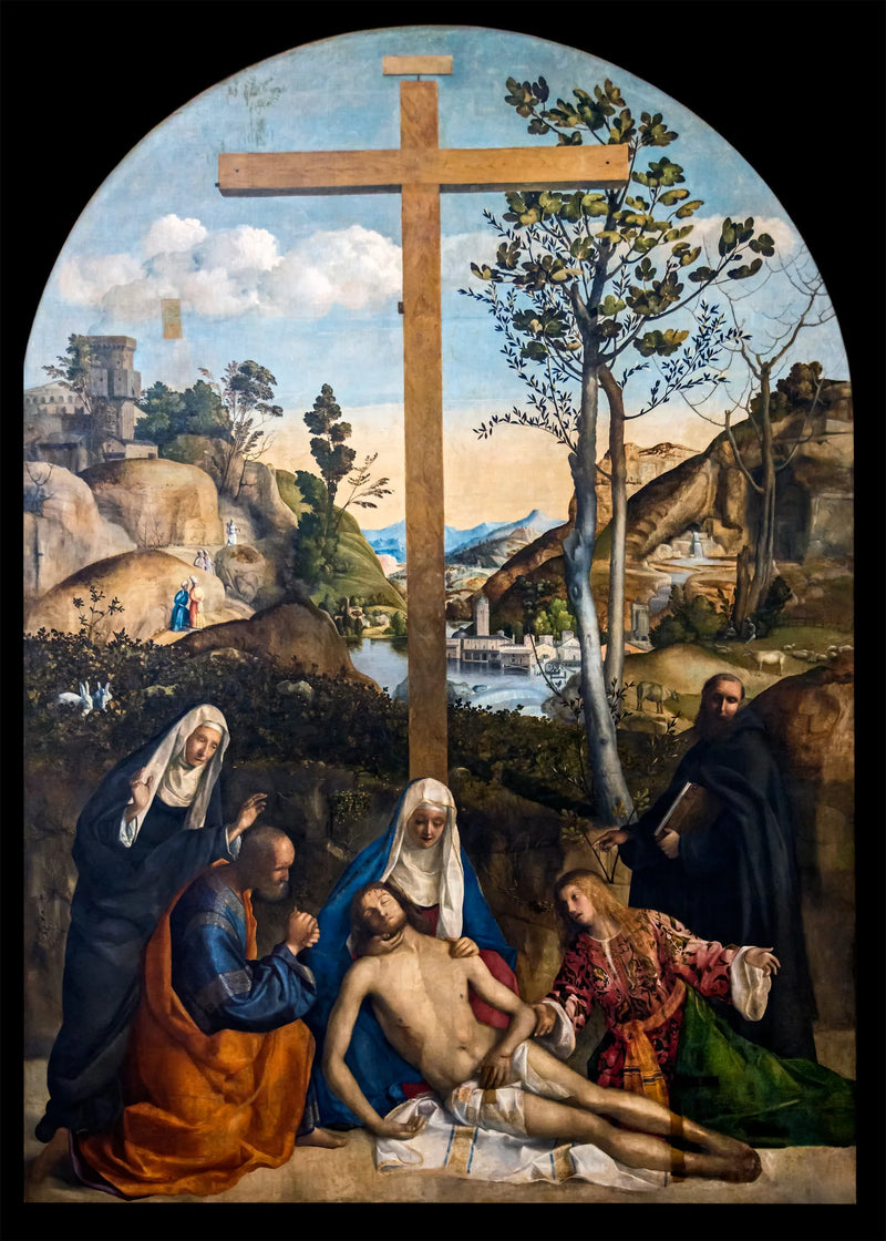 İsa'nın Ölümüne Ağıt, Arimateyalı Yusuf, Meryem Ana ve Meryem Magdalene ile birlikte, Aziz Marta ve Filippo Benizi arasında - Giovanni Bellini