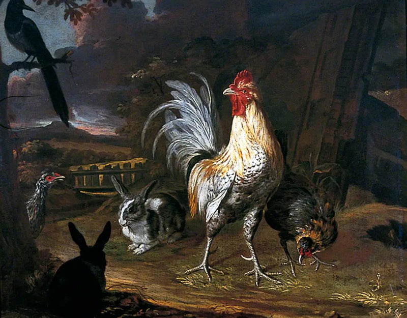 Lapins, bir horoz ve bir tavuk manzara fonunda - Melchior de Hondecoeter
