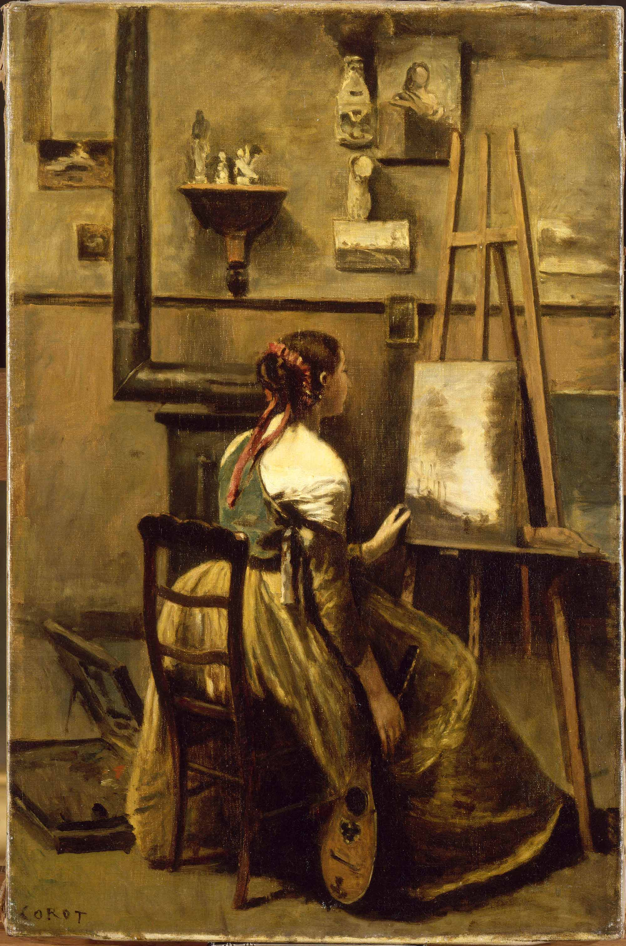 L'Atelier de l'artiste : Jeune femme assise devant un chevalet - Jean-Baptiste Camille Corot